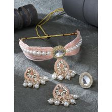 Zaveri Pearls Peach Kundan Cluster Choker Necklace Earring & Ring Set - ZPFK16505