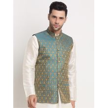 Kraft India Mens Blue Jacquard Woven Design Nehru Jacket