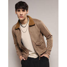 Campus Sutra Mens Beige Zip-Front Jacket with Fleece Collar