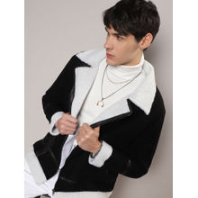 Campus Sutra Mens Carbon Black & Chalk White Fleece Lined Biker Jacket