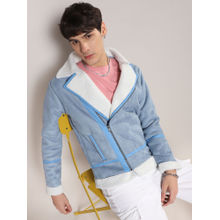 Campus Sutra Mens Icy Blue & Chalk White Fleece Lined Biker Jacket