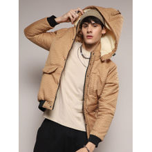 Campus Sutra Mens Beige Self-Design Diamond Puffer Hoodie with Fleece Hood