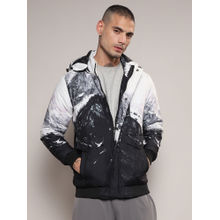 Campus Sutra Mens Charcoal Black & Light Grey Snowcaps Zip-Front Puffer Hoodie