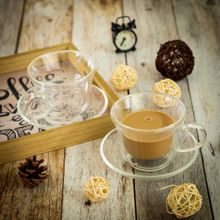 EZ Life Borosilicate Royal Double Walled 6 Cup & 6 Saucer Set Glass with Handle Transparent- 250ml