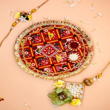Fida Handmade Red Rakhi Thali & Yellow Lumba Rakhi With Roli Chawal & Kum Kum Tikka Stick