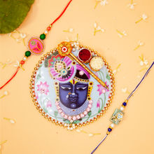 Fida Handmade Sky Blue Rakhi Thali With Lumba Rakhi With Roli Chawal & Kum Kum Tikka Stick