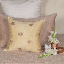 Alcove Beige Silk Lotus Hand Embroidered Cushion Cover