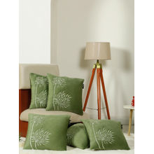 HOSTA HOMES Soft Velvet Leaf Pattern Embellished Cushion Covers Olive (Pack of 5) (16x16 Inches)