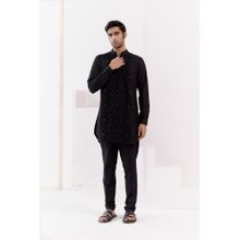 Devnaagri Black Cotton Silk Blend Fully Embroidered Kurta (Set of 2)