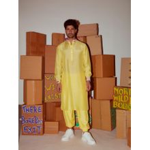 Nirmooha Yellow Kurta with Printed Cuff Detailing and Joggers (Set of 2)