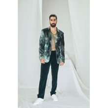 Nirmooha Emerald Blotched Printed Velvet Blazer with Hand Embroidery
