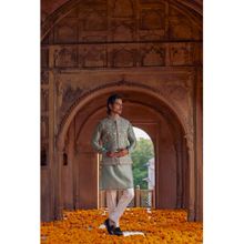 STUDIO BAGECHAA Naksh Green Chanderi Embroidered Nehru Jacket with Kurta and Pant (Set of 3)