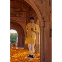 STUDIO BAGECHAA Saad Yellow Chanderi Embroidered Nehru Jacket with Kurta and Pant (Set of 3)