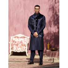 WeaverStory Dark Blue Velvet Stitched Nehru Jacket