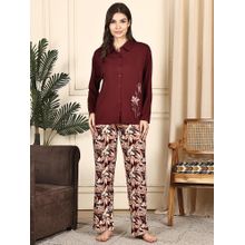 Kanvin Women Red Floral Printed Full Sleeves Night Suit