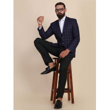 TAHVO Men Tweed Check Navy Blue Blazer with Pant