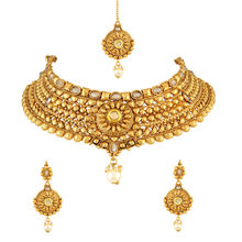 Asmitta Wedding Wear Gold Toned Choker Necklace Set With Mangtikka