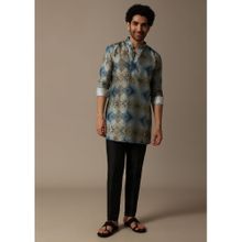 KALKI FASHION Blue Printed Silk Short Kurta with Pant for Men (Set of 2)