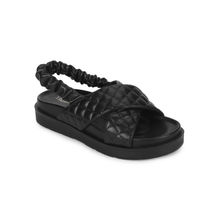 Truffle Collection Black Pu Quilted Strap Platform Sandals
