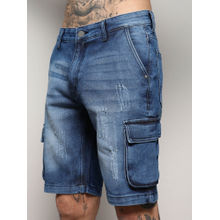 Campus Sutra Mens Blue Distressed Cargo Denim Shorts