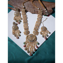 Ruby Raang Studio Long Kundan Neckpiece with Earrings and Maang Tikka with Multi Stones