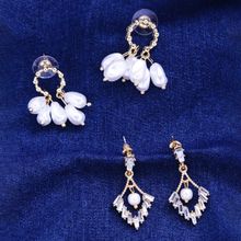 Yellow Chimes Set of 2 Pairs Gold -toned Contemporary Style Crystal Pearl Drop Earrings