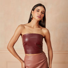 RSVP by Nykaa Fashion Wine Fitted Faux Leather Crop Tube Top