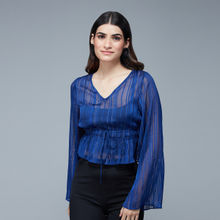 Twenty Dresses by Nykaa Fashion Midnight Blue Striped Bell Sleeves Crop Top
