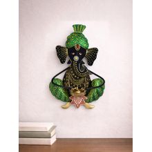 Golden Peacock Multi-Colour Handicrafts Paradise Lord Ganesh Playing Musical Instrument Wall Hanging