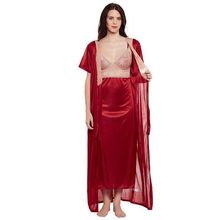 Clovia Satin Nighty With Robe - Red (Free Size)