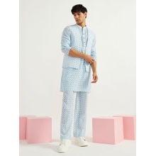 Vastramay Aqua Allover Printed Linen Kurta Pyjama and Jacket (Set of 3)
