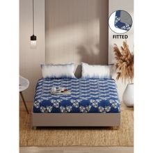 KOPA Fitted Double Bed Sheet With Pillow Covers (Bio-Soft Cotton Feel) Floral-Denim Blue (Queen)