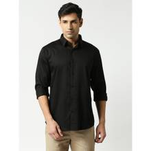 Dragon Hill Full Sleeves Black Cotton Satin Lycra Solid Shirt