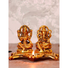 eCraftIndia Golden Goddess Laxmi With Lord Ganesha Idol Metal Showpiece with Diya
