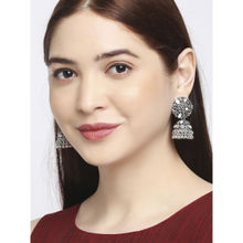 OOMPH Oxidised Silver Mirror Kundan Floral Jhumka Earrings