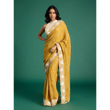 Gajra Gang Yellow Printed Saree with machine embroidered Chikankari Border & Unstitched Blouse