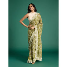 Gajra Gang Olive Green Printed Saree Chikankari Border & Unstitched Blouse Desert Rani