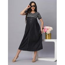 Mamma's Maternity Black Short Sleeves Stripes Rayon Denim Maternity Dress