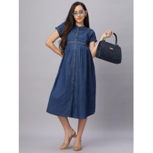 Mamma's Maternity Navy Blue Short Sleeves Solid Denim Maternity Dress with Belt (Set of 2)