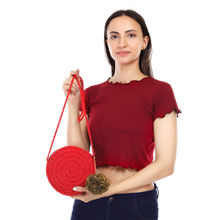 ITIHASIKALA Women Miniature Round Crochet Sling Bag- Red