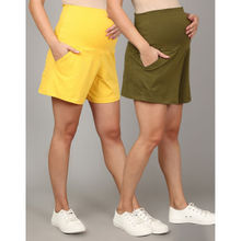 The Mom Store Comfy Maternity Shorts Olive& Yellow (Pack of 2)