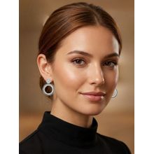 Accessher Silver Ad Round Black Enamel Drop Earrings