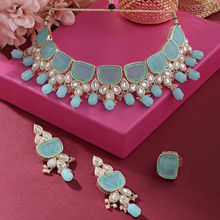 Zaveri Pearls Mint Green Peach Green Kundan Choker Necklace Earring Ring Set-Zpfk16121