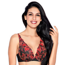 Enamor F085 Extended Neckline Cleavage Enhancer Plunge Push-up Bra-Padded Wired Medium Coverage-Red