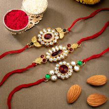 Peora Men Kundan Beaded Rakhi with Roli Chawal Greeting Card R25C01 (Set of 6)