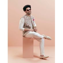 KISAH Men White Floral Kurta with Pant and Nehru Jacket (Set of 3)