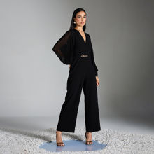 RSVP by Nykaa Fashion Black Solid V Neck Full Sleeve Straight Fit Jumpsuit