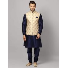 Uri and MacKenzie Blue Solid Silk Blend Kurta and Churidar with Nehru Jacket