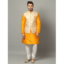 Uri and MacKenzie Men Yellow Solid Silk Blend Kurta and Churidar with Nehru Jacket