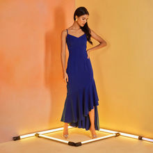 RSVP by Nykaa Fashion Royal Blue V Neck Fit And Flare Ruffled Midi Dress